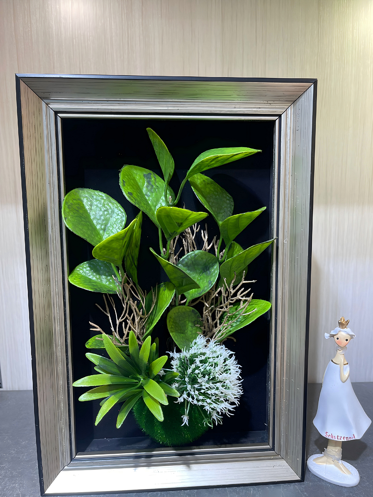 Realistic Artificial Textured Leaf & White Spherical Flower Framed Shadow Box(Size  7.8*11.8 in)