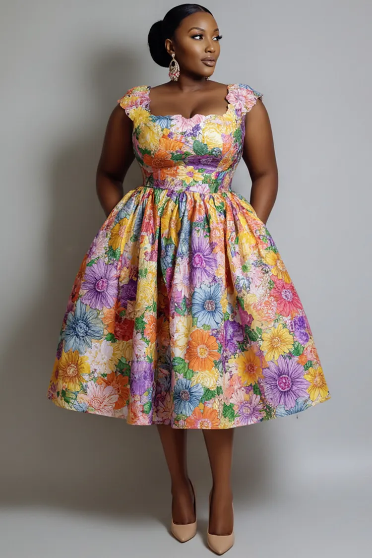 Xpluswear Design Plus Size Wedding Guest Multicolor Floral Square Neck Pocket Midi Dresses [Pre-Order] 2024 - Xpluswear
