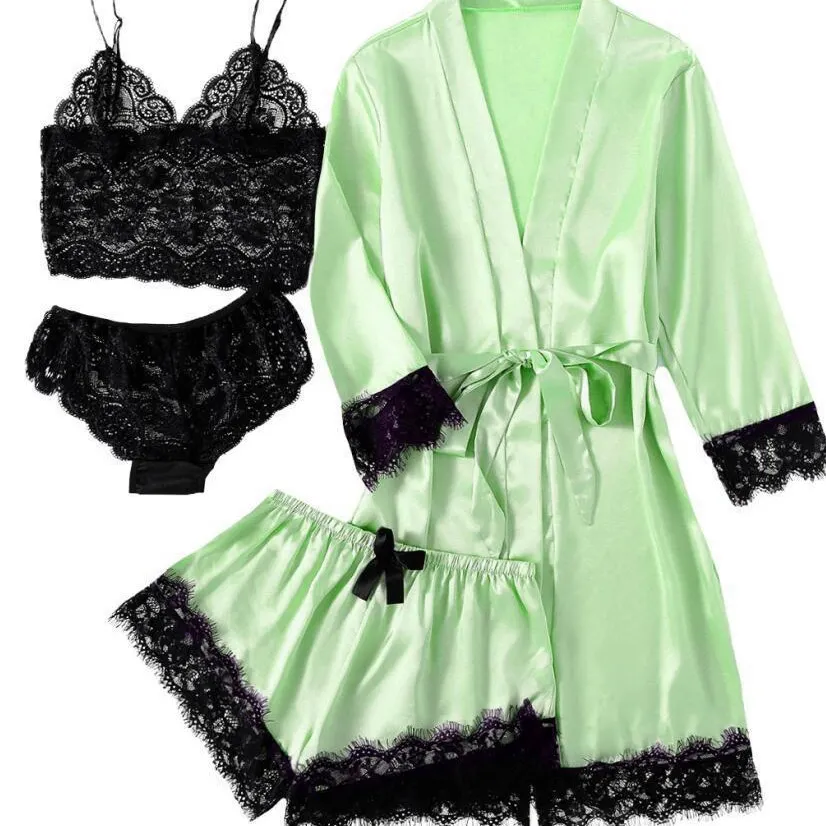 Churchf 2021 New Ladies Pajamas Four-Piece Sexy Sling Skirt Set Home Lace Pajamas Set