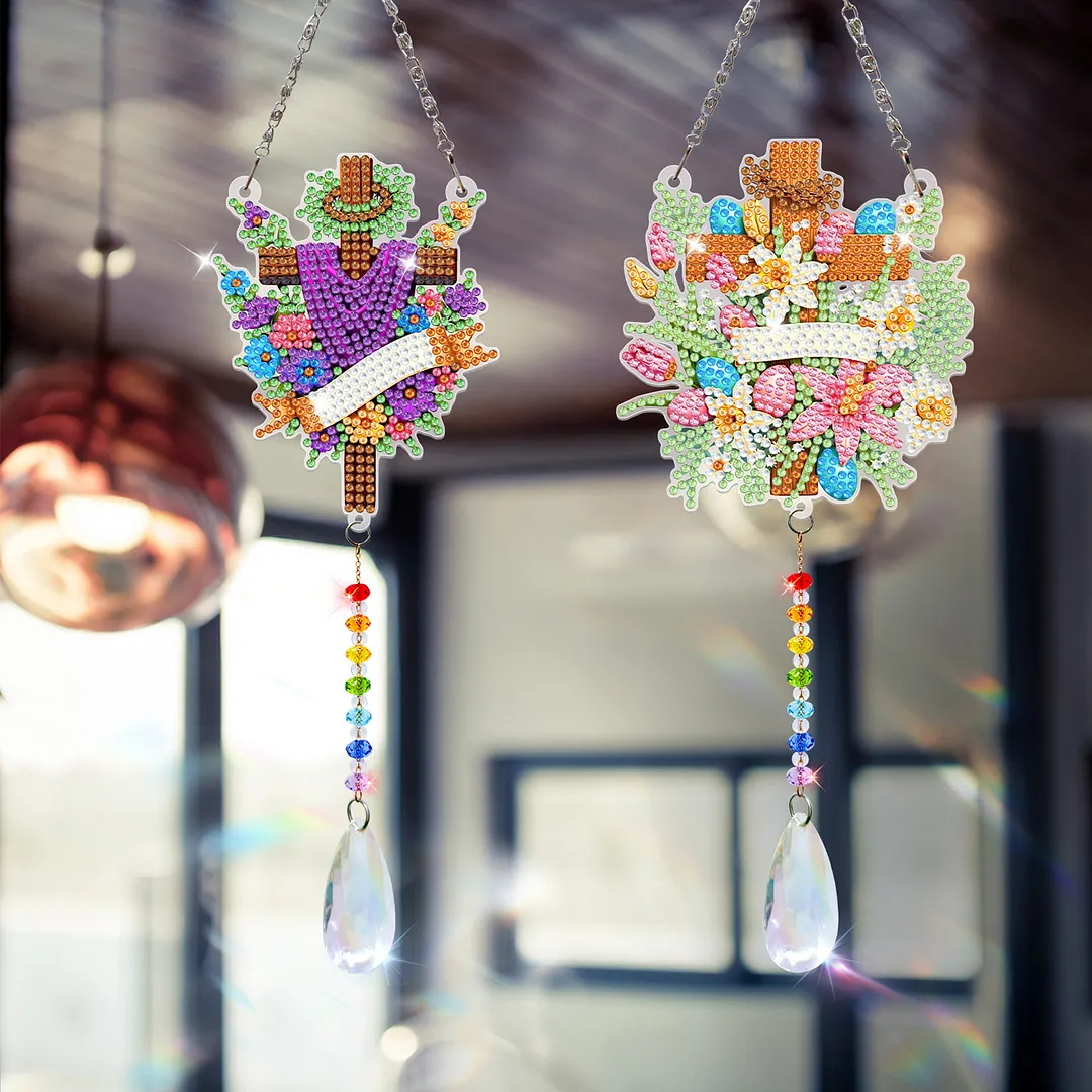 2Pcs Cross Faith DIY Acrylic Diamond Painting Art Wind Chimes with Crystal Pendant Diamond Art Hanging Pendant Double-Sided for Adults Beginners Gift Home Garden Decor