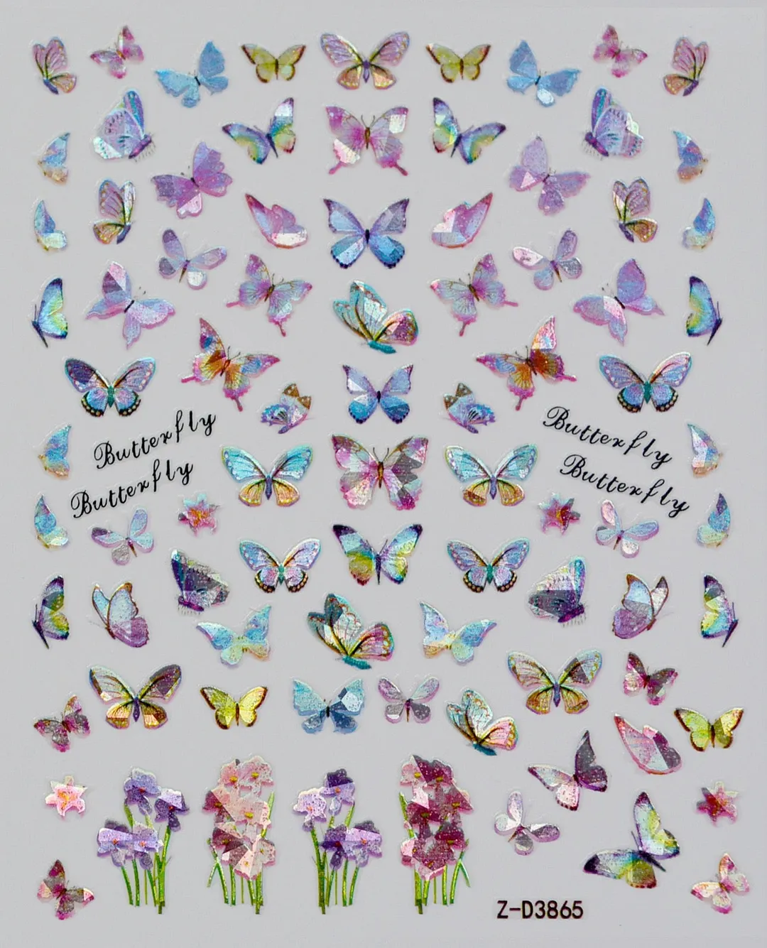 1pc Holographic Blue Nail Stickers Pink Colorful Butterfly Art Sticker With Adhesive DIY Extension Flowers Rose Nail Decoration-Nail Inspo