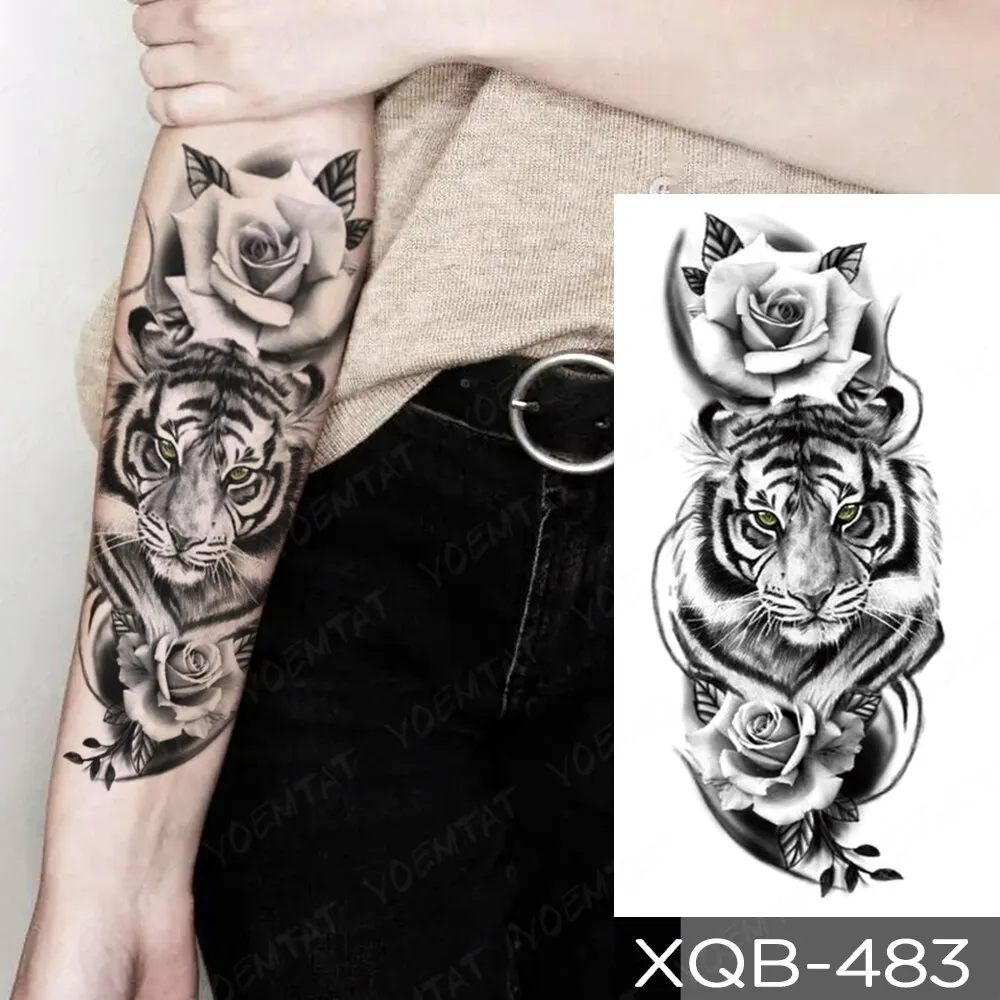 Sdrawing Temporary Tattoo Stickers Fox Lion Tiger Wolf Peony Rose Flowers Leaf Flash Tatto Women Men Body Art Arm Fake Tattoos