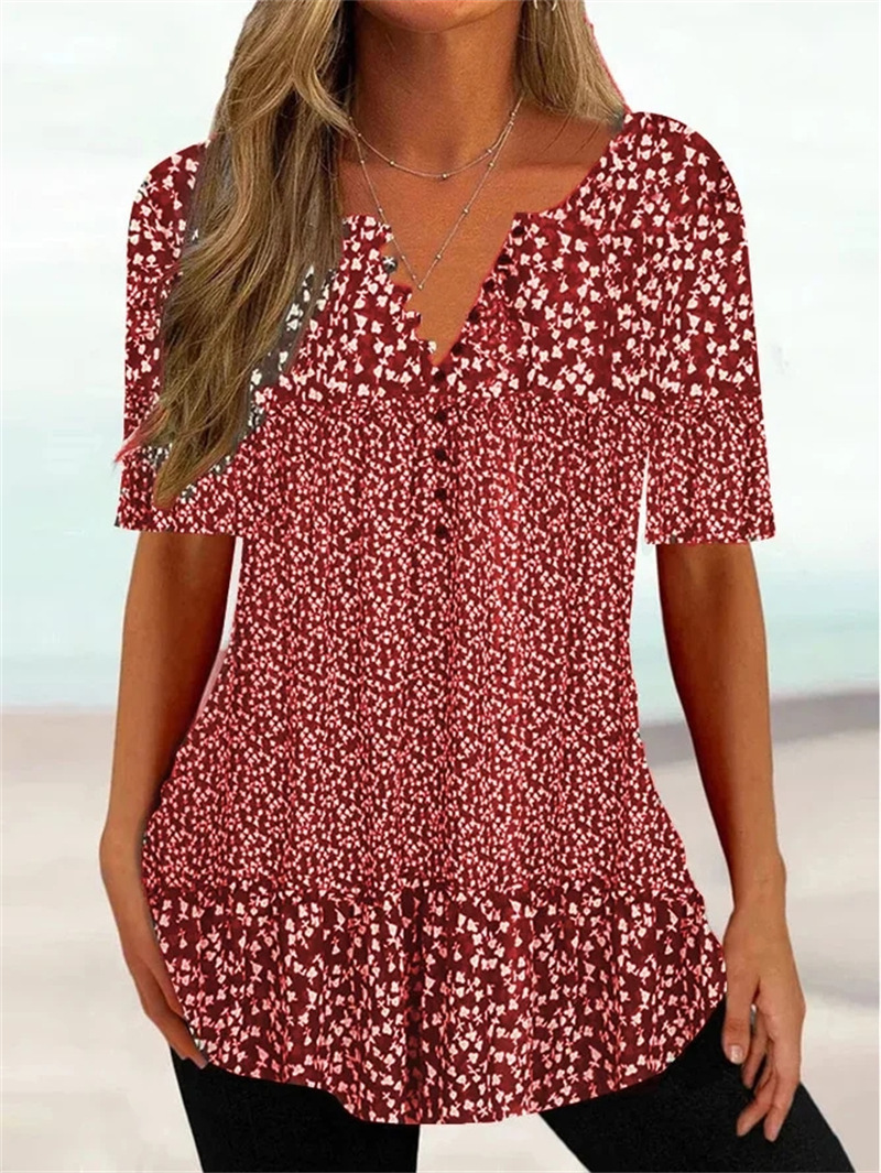 Plus Size Summer Loose V-neck Short Sleeve Button Printed T-shirt Shirt