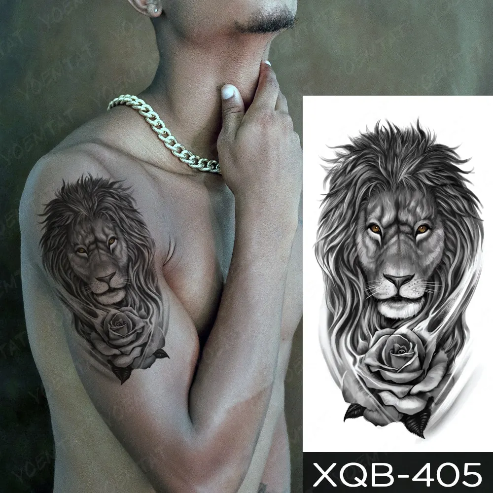 Sdrawing Temporary Tattoo Stickers Fox Lion Tiger Wolf Peony Rose Flowers Leaf Flash Tatto Women Men Body Art Arm Fake Tattoos