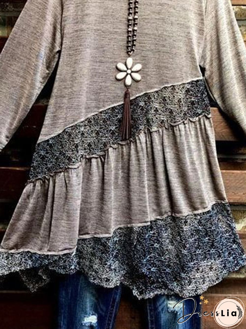 Vintage Lace Plain Crew Neck 3/4 Sleeve Casual Women Tops
