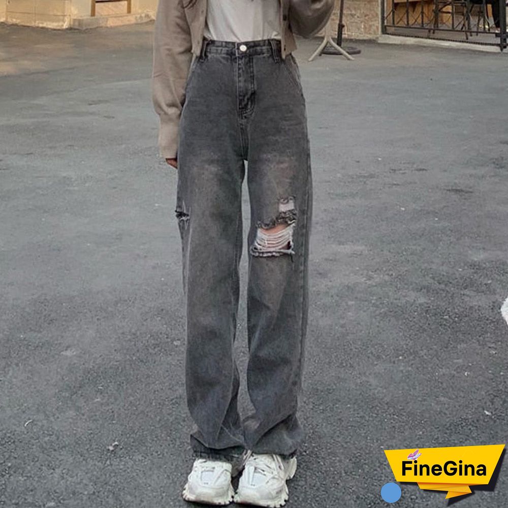 Ripped Jeans New Straight High Waist All-match Distressed Women's Pants Streetwear Loose Wide Legs Women's Fashion Jeans