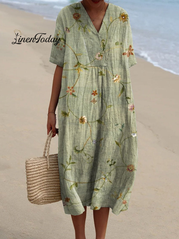 Women&rsquo;s Retro Floral Art Print Casual Flowy Dress Multicolor / S