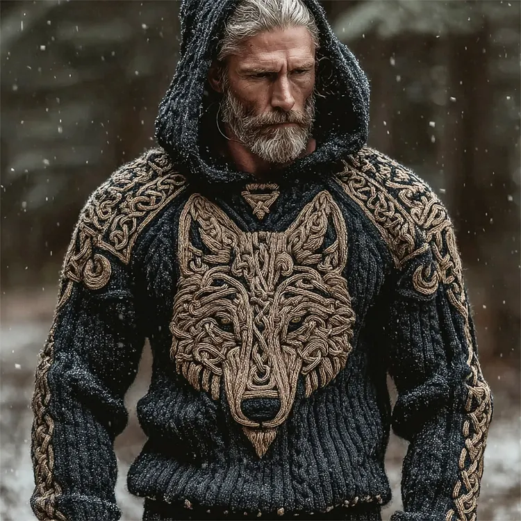 Nordic Wolf Totem Viking Art Men's Chunky Knit Hooded Sweater