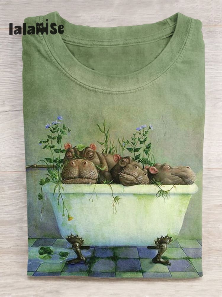 Funny Hippo Art Pattern Print Casual T - Shirt Green / S