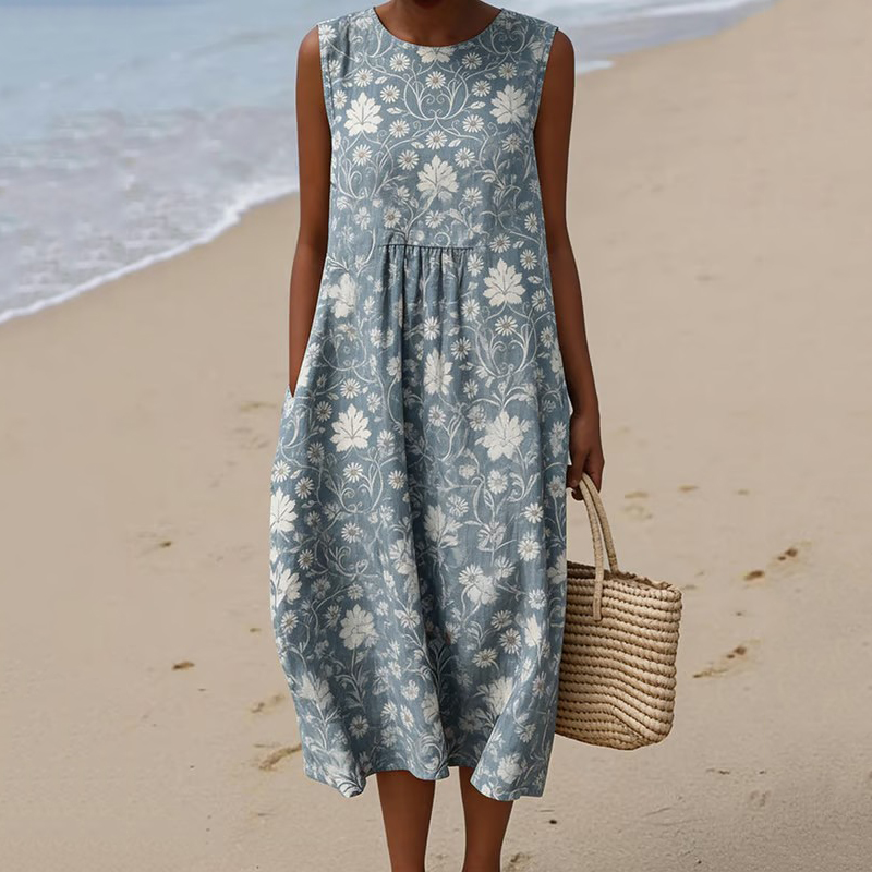 Women's Japanese Floral Art Linen-blend Casual Sleeveless Maxi Dress