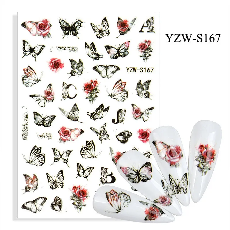 1pc Holographic Blue Nail Stickers Pink Colorful Butterfly Art Sticker With Adhesive DIY Extension Flowers Rose Nail Decoration-Nail Inspo
