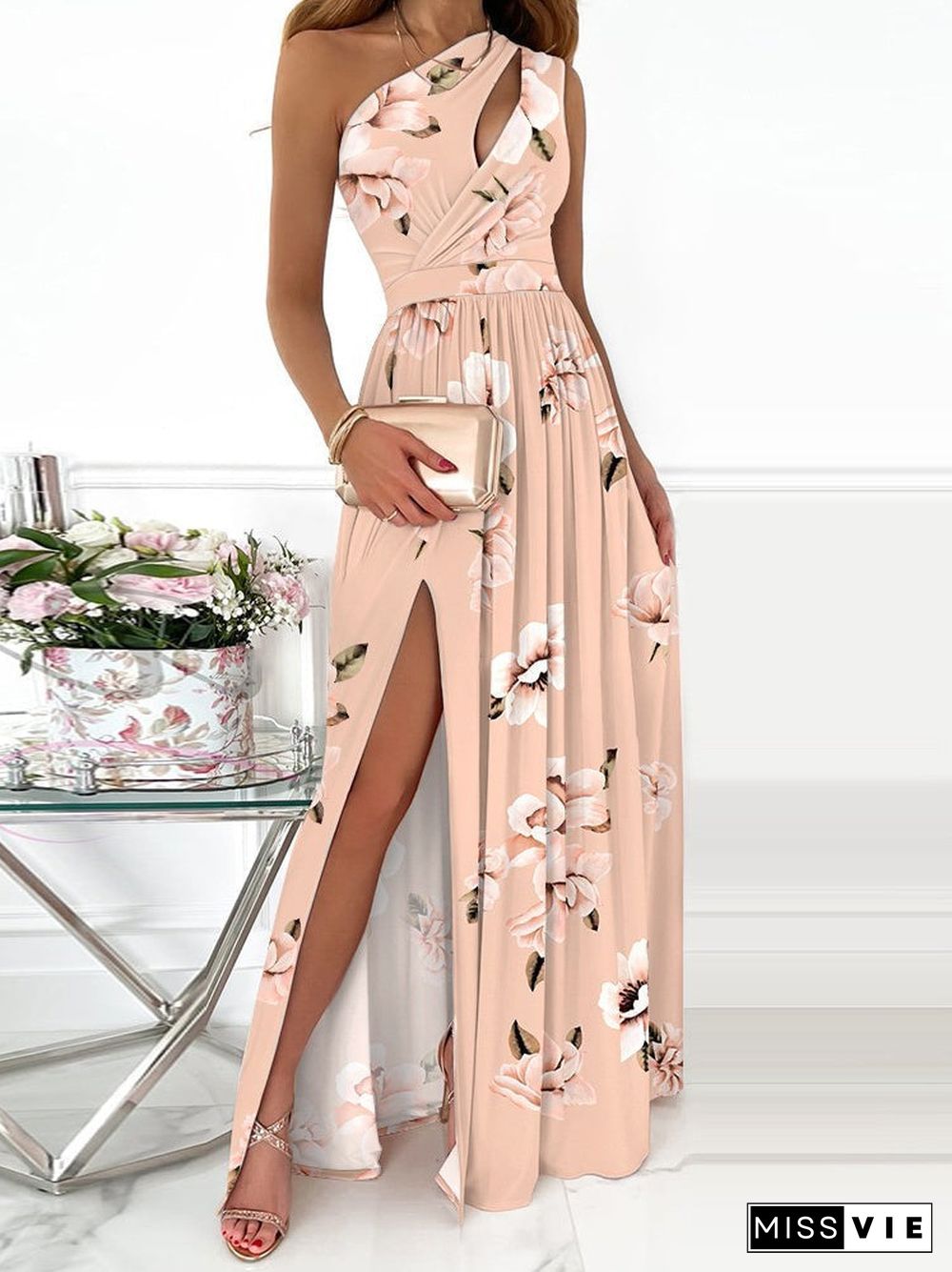 Romantic Red Flower Asymmetrical Keyhole Maxi Dress