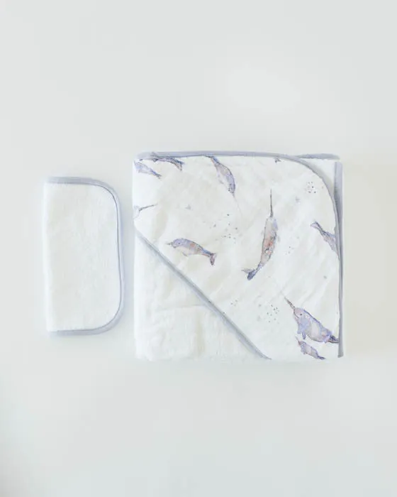 Infant Hooded Towel & Washcloth Set - Narwhal