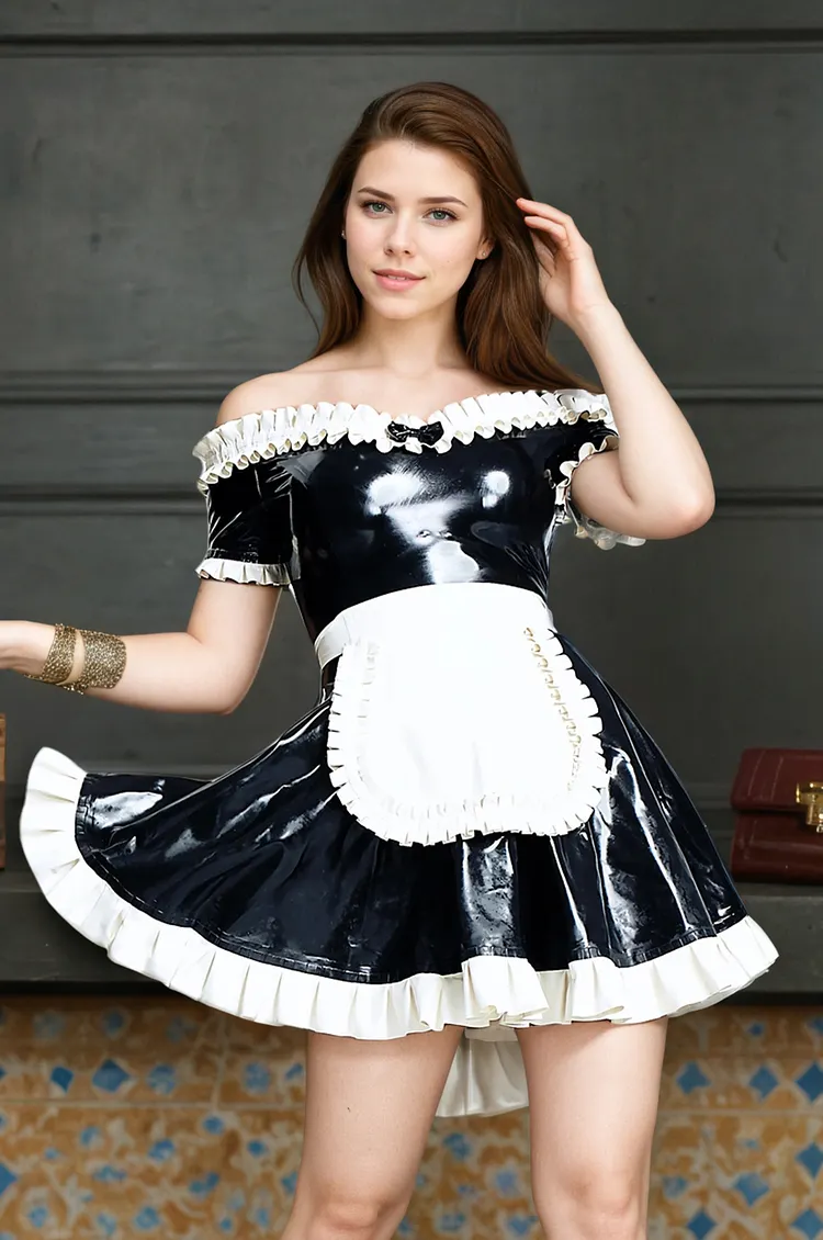 Women Latex Mini Dresses Off-Shoulder Flared Ruffled Cafe Waitress