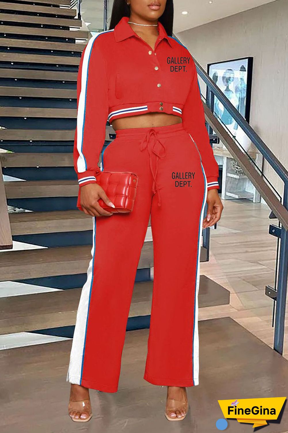 Red Casual Print Patchwork Buckle Turndown Collar Long Sleeve Two Pieces
