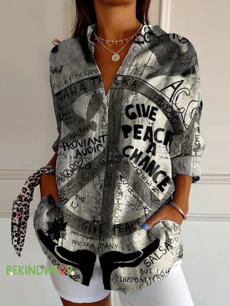 Give Peace a Chance Printed Casual Cotton Linen Shirt Multicolor / S