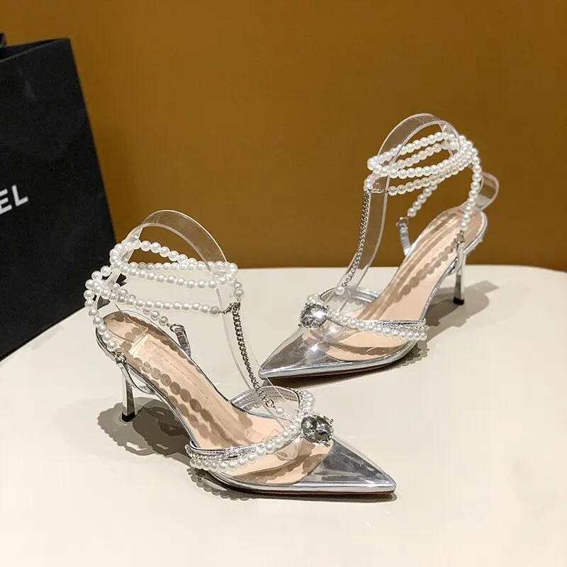 Silver Pearl Ankle Strap High Heels Sandals Women Summer Sexy Pointed Toe Clear PVC Sandals Woman Fashion Rhinestone Party Shoes