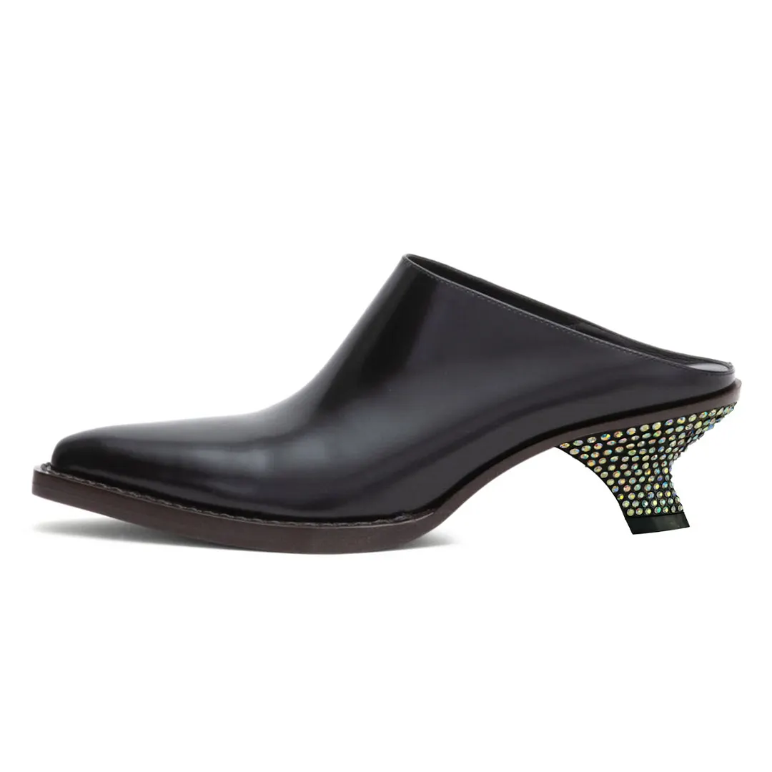 YDN Black Pointed Toe Rhinestone Sculptural Heel Mules for Women