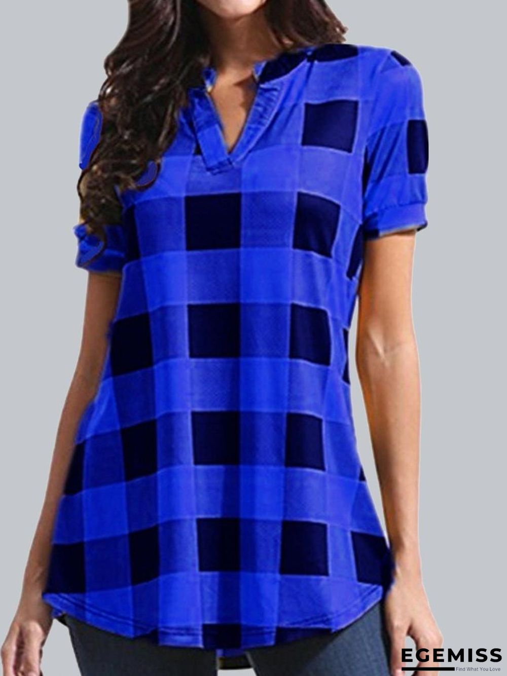 Casual Check Print V-Neck Short Sleeves Blouse | EGEMISS