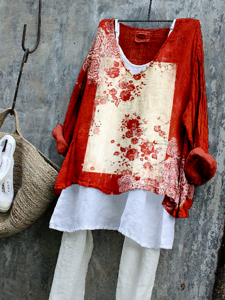 Vintage Floral Art Pattern Linen Blend Flowy Tunic