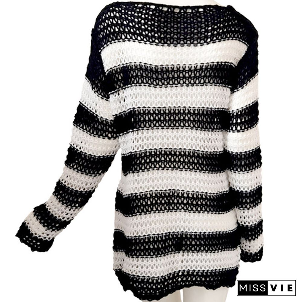 Colorbock Stripe Knit Hollow Out Hole Ripped Sweater
