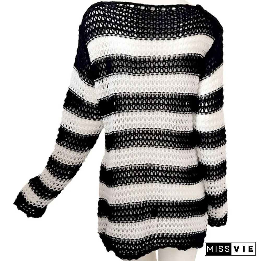 Colorbock Stripe Knit Hollow Out Hole Ripped Sweater