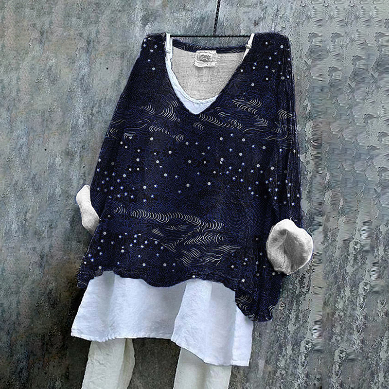 Women&lsquo;s Floral Art V Neck Linen Blend Shirt