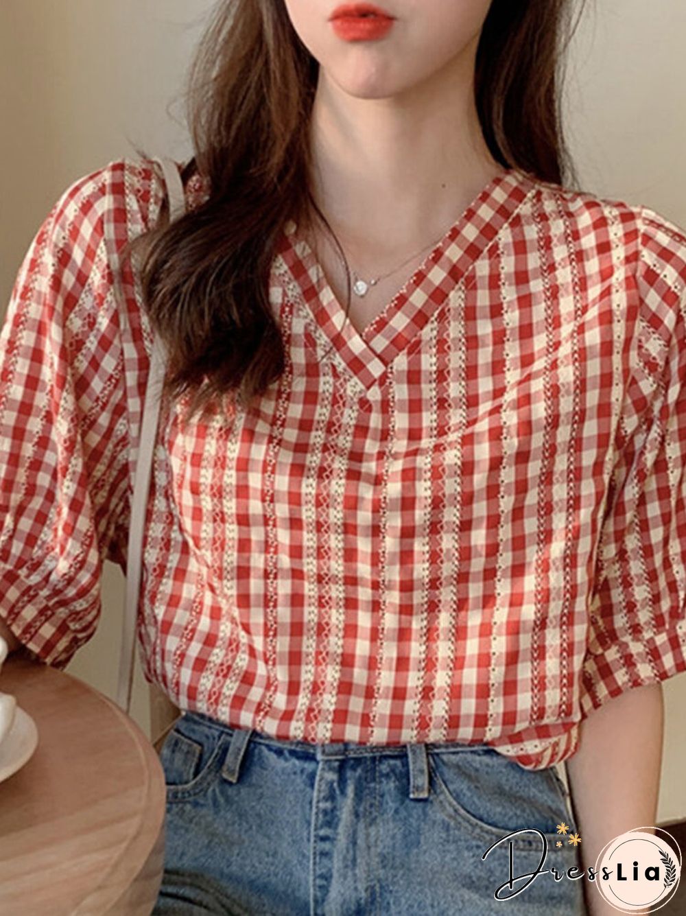 Check Print V-neck Loose Short Sleeve Women Blouse