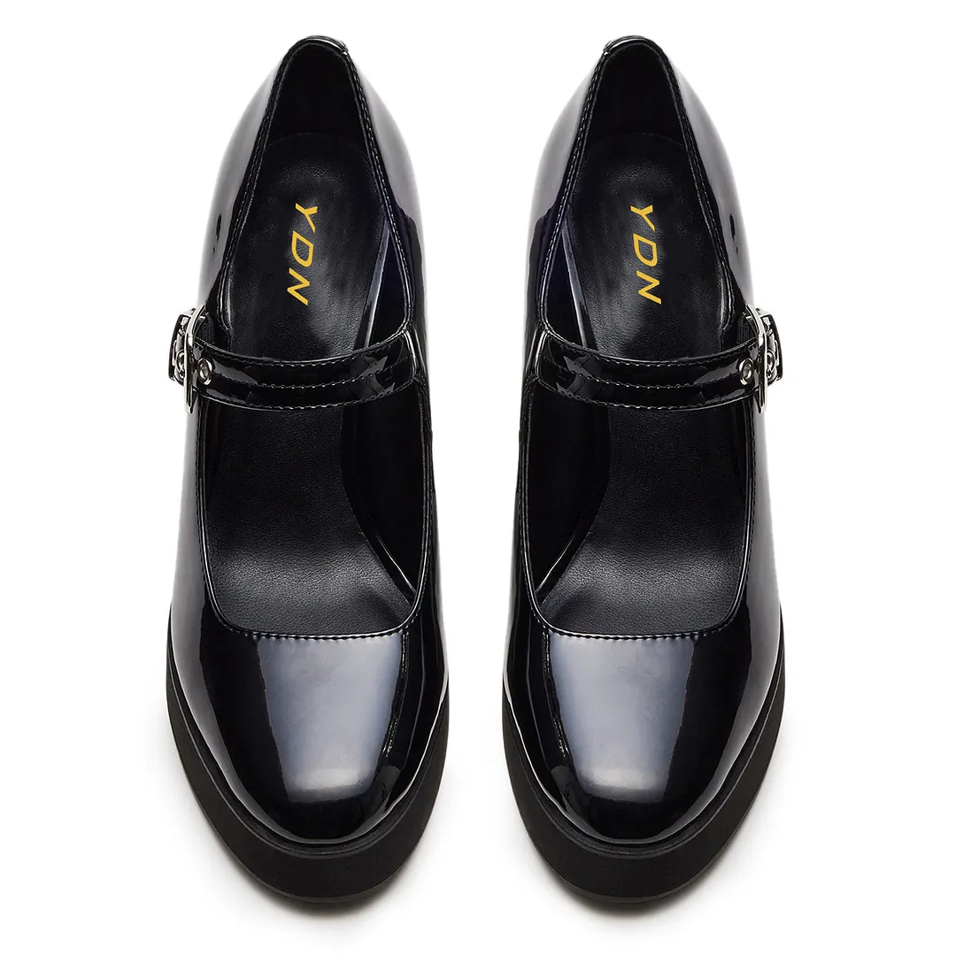 Black Patent Leather Round Toe Buckle Strap Platform Mary Janes