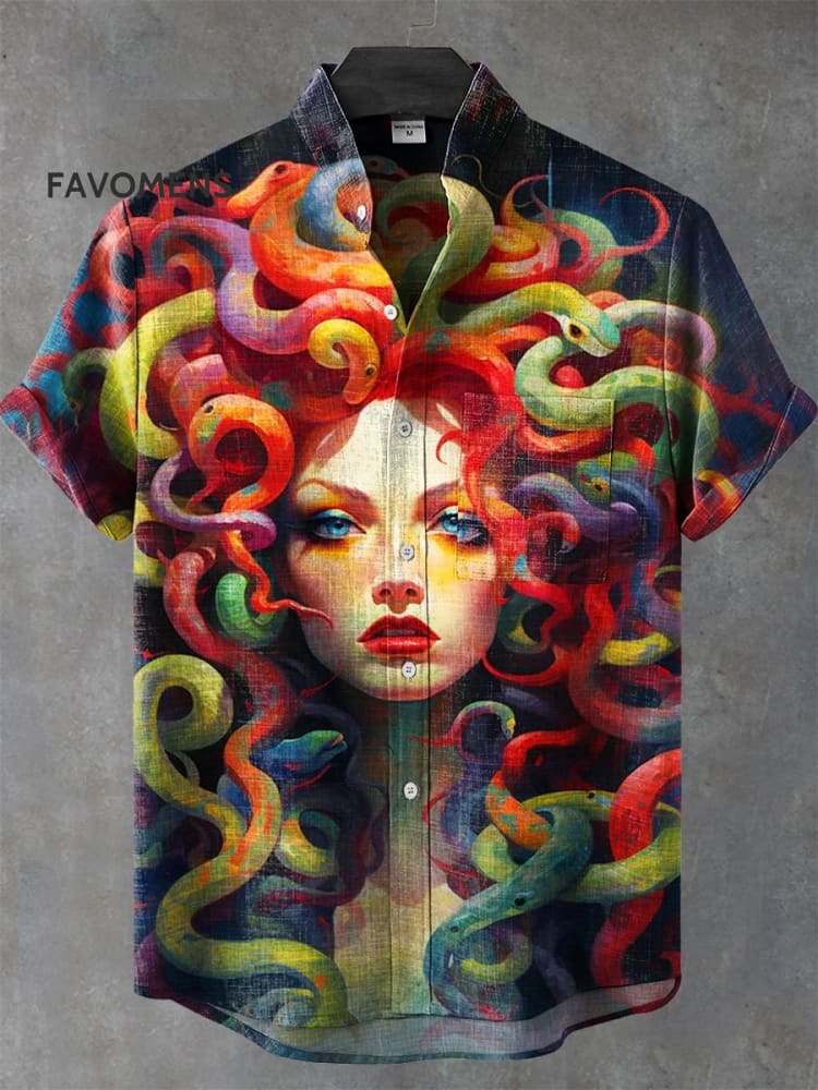 Vintage Woman With Snake Head Canvas Art Print Casual 100% Cotton Shirt Multicolor / S