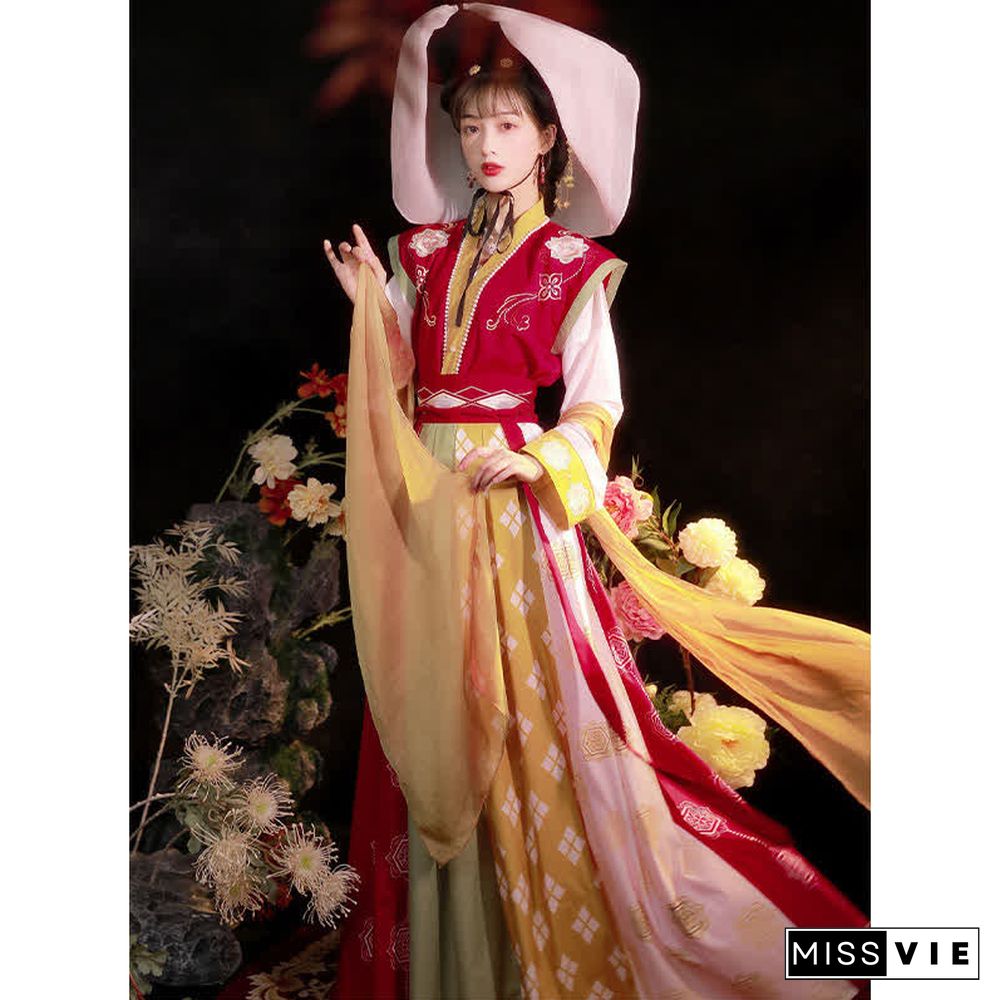Vintage Embroidery Vest Long Sleeve Shirt Clorblock Skirt Three Pieces Set