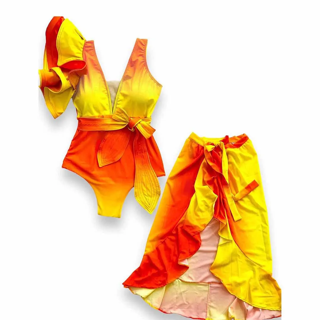 Uveng 2025 New One-Piece Swimsuit Women Two-Piece Set Of Gradient One-Shoulder Double-Edged Swimsuit