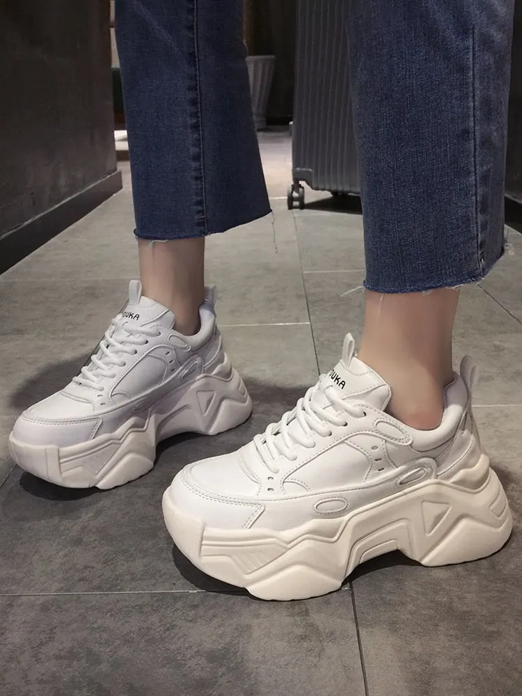 Women Platform Sneakers Leather Casual Ladies Chunky Shoes 2020 White Woman High Black Fashion Brand Thick soled Wedge Sneakers