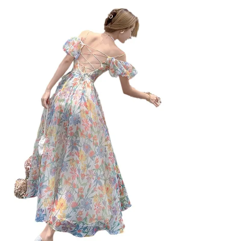 Churchf Churchf Organza A Word Shoulder Bubble Sleeve Broken Flower Condole Belt Dress Spring And Summer New Big Place Long Skirt