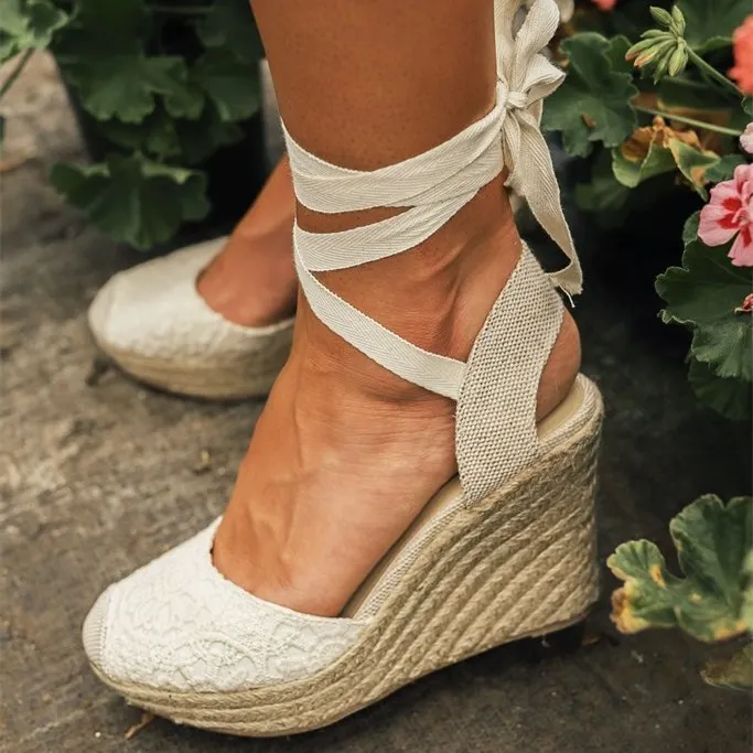 White Canvas Lace Strappy Platform Wedge Heels Sandals|FSJshoes