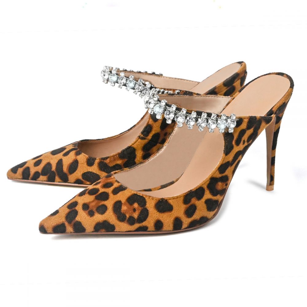 Women's Leopard Print Pointed Toe Rhinestone Strap High Heel Mules Nicepairs