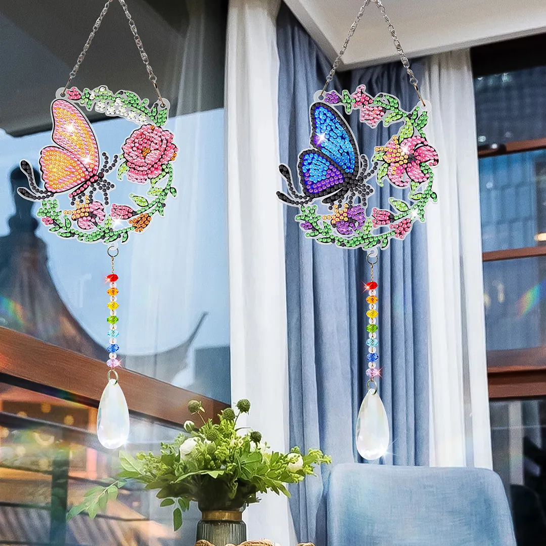 2Pcs Blue and Yellow Butterfly DIY Double-Sided Diamond Painting Hanging Kits Diamond Painting Suncatcher Craft Kit for Home Garden Wall Decor Gift