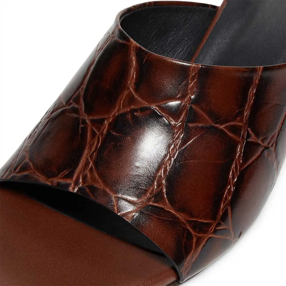 Brown Embossed Round Toe Wide Strap Mid Flared Heeled Mules