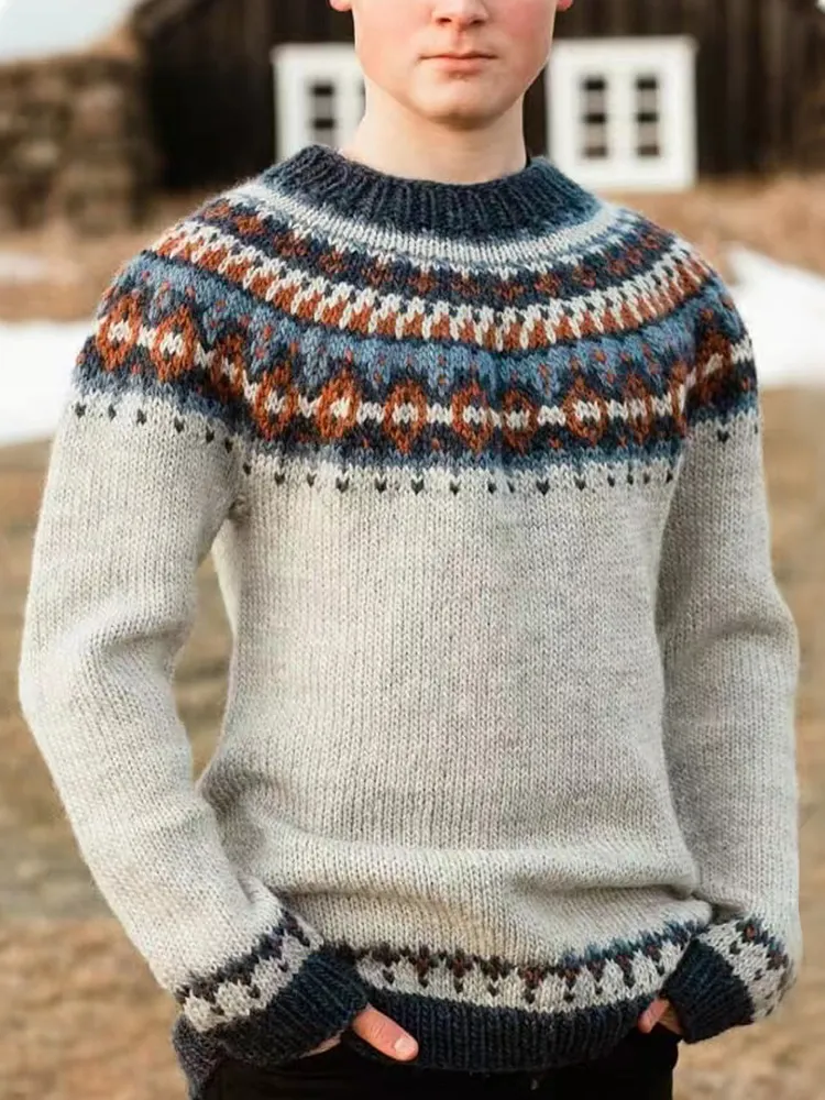 Retro Beige Fair Isle Surf Graphics Jacquard Sweater