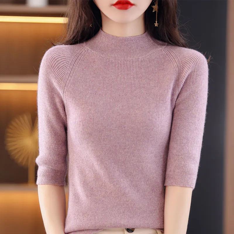 Churchf Churchf Summer Slim Head Five Minute Sleeve Bottom Top New Half High Collar Solid Color Simple Medium Sleeve Sweater Women