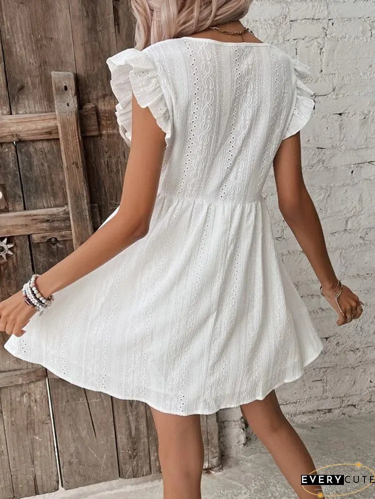 White V Neck Ruffles Open Back A-line Mini Dress