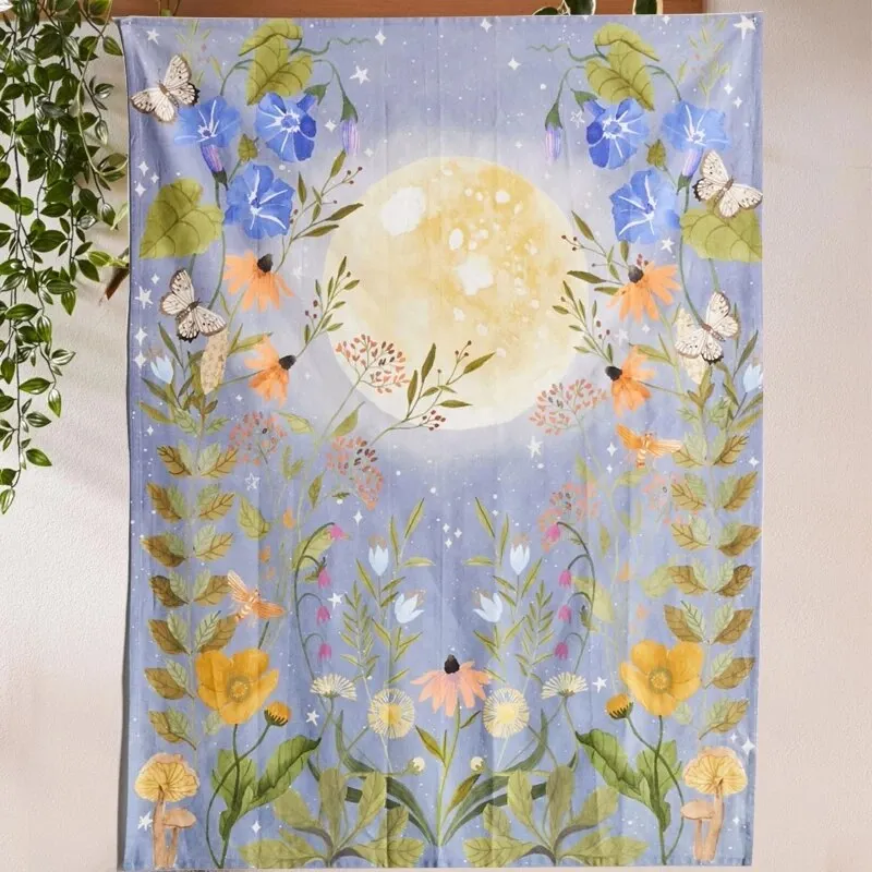 Moon flowers Tapestry Celestial Floral Wall Tapestry Wall Hanging Hippie Flower Wall Carpets Dorm Decor Starry Sky Carpet