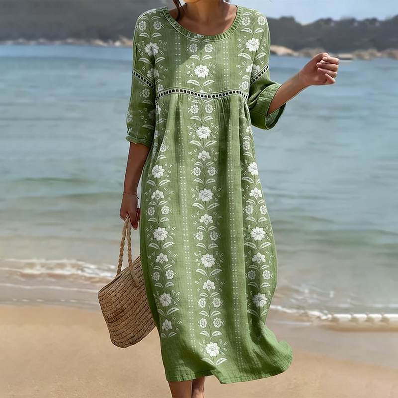 Comstylish Women's Floral Art Print Linen Blend Casual Dress