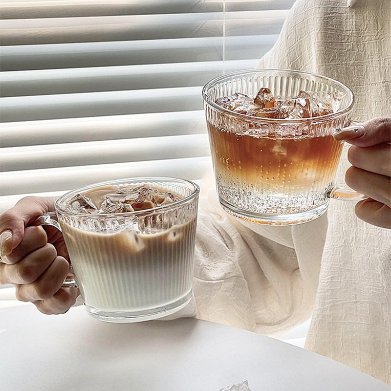 Glass Cup with Handle, Vertical Stripes, Ins Style Cup, Iced American Latte Glass, Milk Cup, High-Looking Coffee Cup