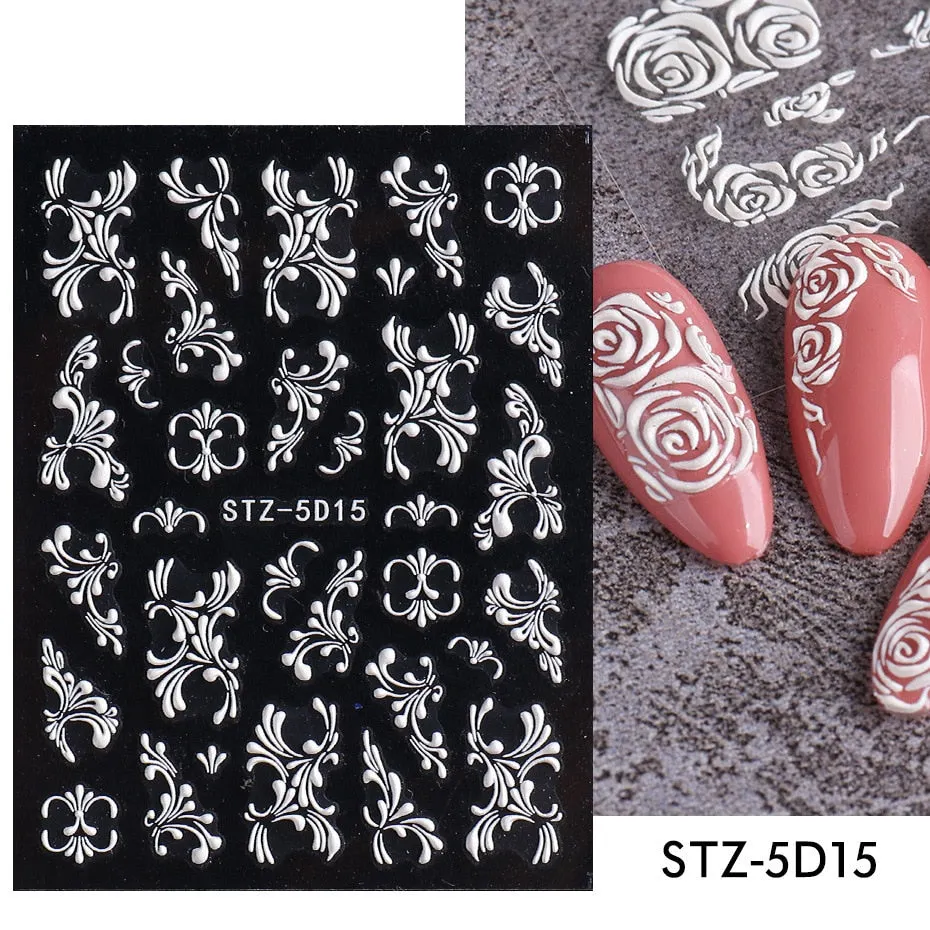 Nail Stickers Embossed 5D Elegant Carved Rose Pattern Designs Back Glue Nail Decals Tips For Beauty Salons-Nail Inspo