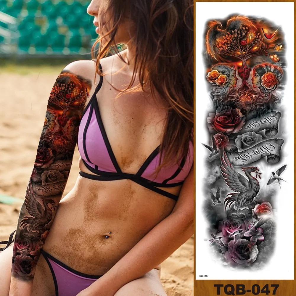 Full Flower Arm Temporary Tattoo Sticker Man Woman Girl Body Sexy Fake Tatoo Pterodactyl Bodhisattva Monkey King Phoenix Nirvana