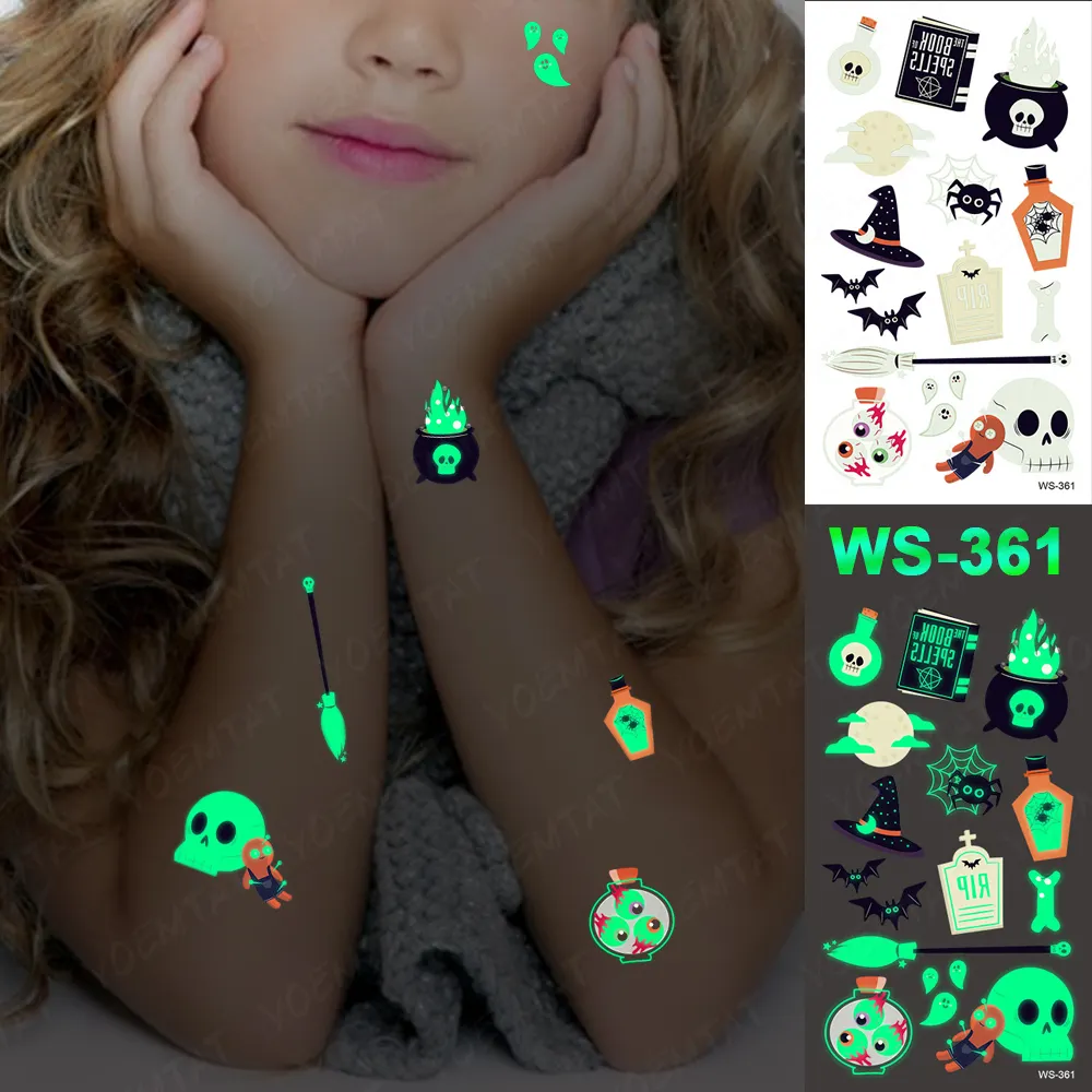 Sdrawing Temporary Luminous Tattoo Sticker Waterproof Pumpkin Skull Tatoo Arm Glowing Tattoos On Child Halloween Party Decor