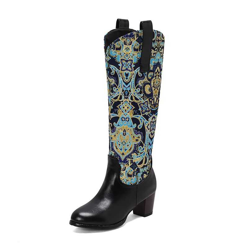 GOOSHOE Floral Fabric Patchwork Pu Paisley Patterned Zipper Knee High Boots With Thick Plush Lining For Women's Boots