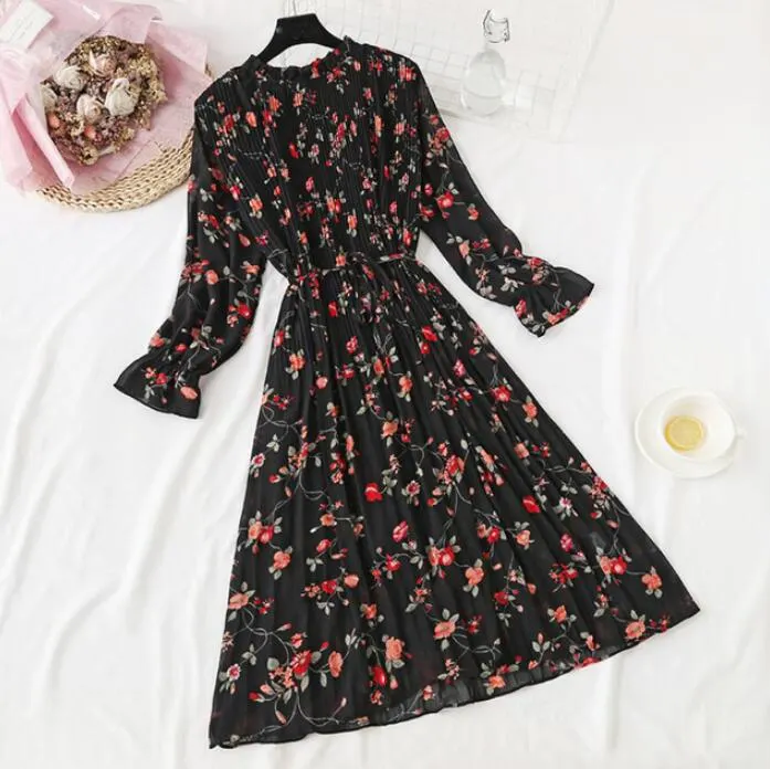 Polka Dot Print Women Chiffon Pleated Dress Sweet Flare Sleeve Party Dresses Casual Loose Lady Office Midi Dress Vestidos Mujer