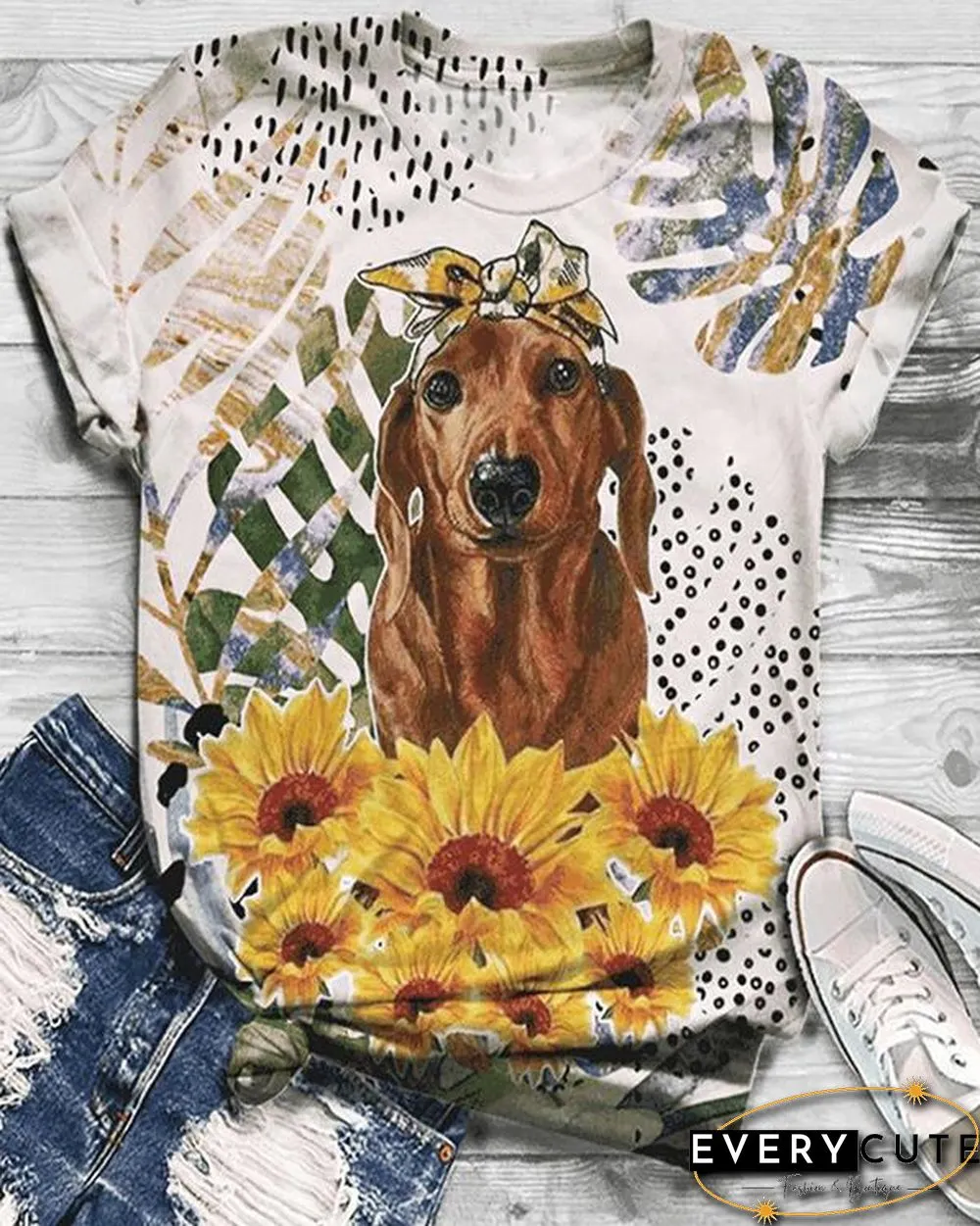 Plus Size Animal Printed Short Sleeve Crew Neck Casual Shirts & Tops
